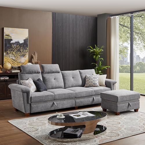 110" Sectional Sofa, Convertible L Shaped Sofa with Ottoman and Large Storage, 4 Seat Sectional Couch with Cup Holder, Couches for Living Room, Apartment, Office (Light Grey)