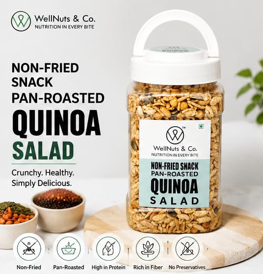 Image of WellNuts & Co. Healthy Snack Combo Pack of 4 |Jowar Puffs Tangy Tomato - 200g, Quinoa Salad - 325g, Roasted Edamame Beans - 200g, Salted Beetroot Chips - 150g| Roasted & Ready to Eat Snacks | High Protein & High Fiber Combo | Snacks for Healthy Everyday