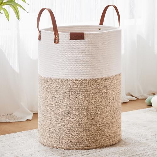 Image of MOJOSCEND 60L Woven Rope Hamper Laundry Basket for Clothes Hamper in Living Room Bedroom Bathroom for Nursery Kids Brown Large Tall