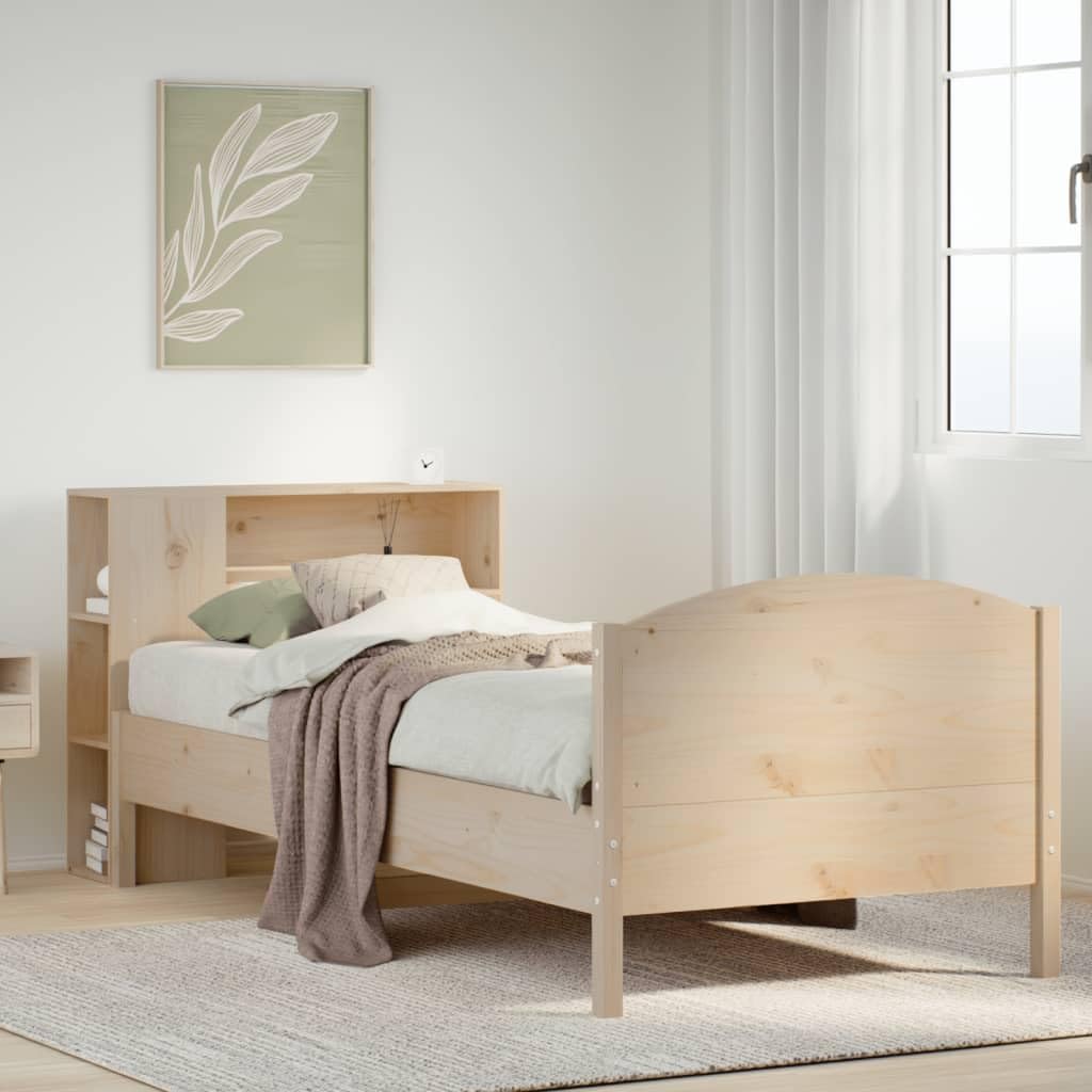 lite drewno sosnowe z regałem na książki 75x190 cm Brąz | Łóżko sosnowe z regałem 75x190 cm, drewniane łóżko z półkami, bez materaca, stelaż lity