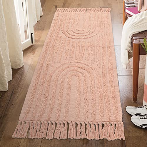 Image of Lanffia Boho Rainbow Hallway Runner Rug 2x6, Tufted Pink Bedside Girl's Room Mat with Tassels, Farmhouse Cotton Woven Washable Throw Carpet for Nursery Laundry Living Room, Peach Pink
