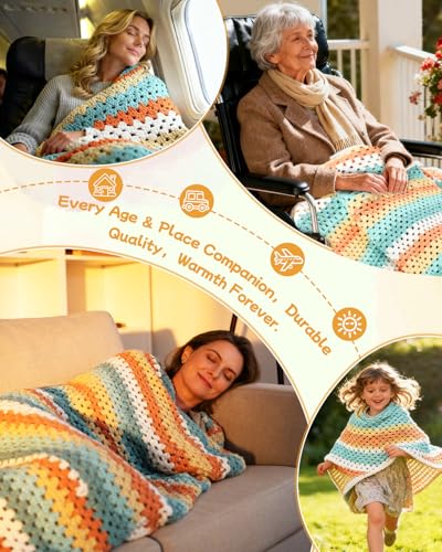 Image of Aeelike Crochet Blanket Kit for Beginners-Rainbow Granny Squares Stripe Blanket, Complete Crochet Kit for Adults w Gradient Yarn & Instructions, Easy Learn to Knit for Beginners