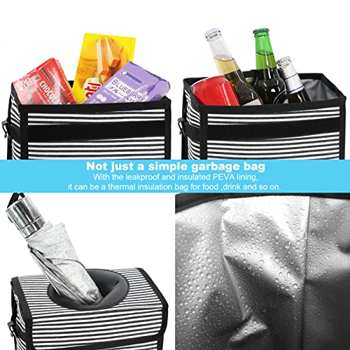 Image of Femuar Leak Proof Car Trash Can With Lid - Waterproof Garbage Bag With Storage Mesh Pocket, Large /Stripe