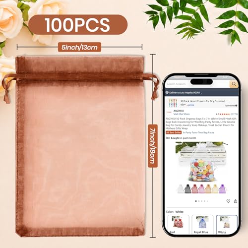 Image of ANZNKU 100 Pack Brown Organza Bags 5x7 In, Small Mesh Gift Bags Bulk with Drawstring for Jewelry Candy Sachet Soap, Goodie Pouches for Wedding Baby Bridal Shower & Birthday Party Favors