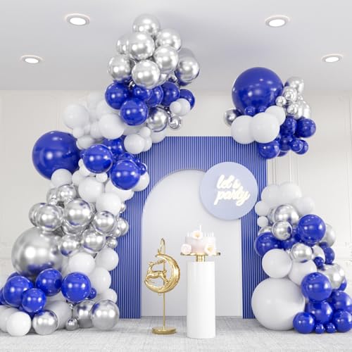 136pcs Blue White Silver Balloon Garland Kit - 18/12/10/5 Inch Royal Blue, Silver Confetti Balloon Arch for New Year, Graduation, Birthday, Father’s Day Decor