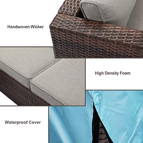 COSIEST-4-Piece-Propane-Fire-Pit-Outdoor-Furniture-Brown-Sofa-Set-Patio-Sectional-w-32-inch-Square-Wicker-Fire-Table-40000-BTU-Fits-20lb-Tank-Outside-w-Glass-Wind-Guard-for-Garden-Backyard