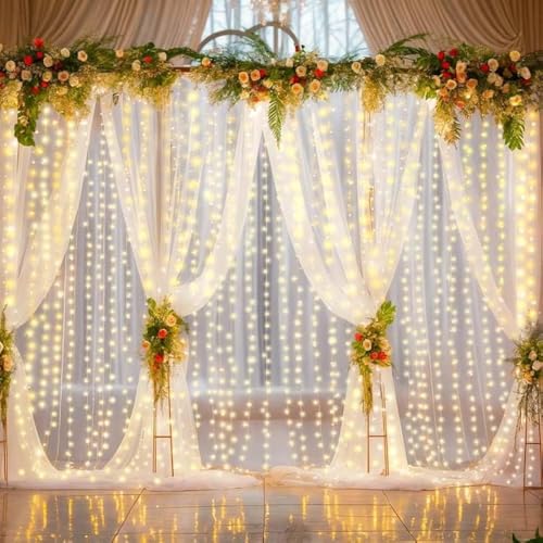 Cortinas de tul blanco con luces, 4 paneles 20ft x 10ft miniatura 1