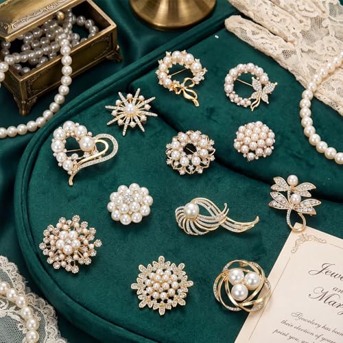 Image of Junkin 12 Pcs Women Brooches Bulk Set Rhinestone Pin Crystal Vintage Brooch Retro Pin Women Girls Gifts for Christmas