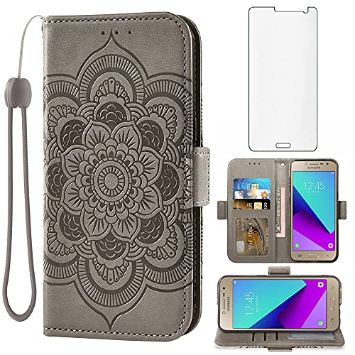 Asuwish Compatible with Samsung Galaxy Grand Prime J2 Prime Wallet Case and Tempered Glass Screen Protector Flip Cover Card Holder Cell Accessories Phone Cases for Glaxay 2 2J Plus Women Men Gray