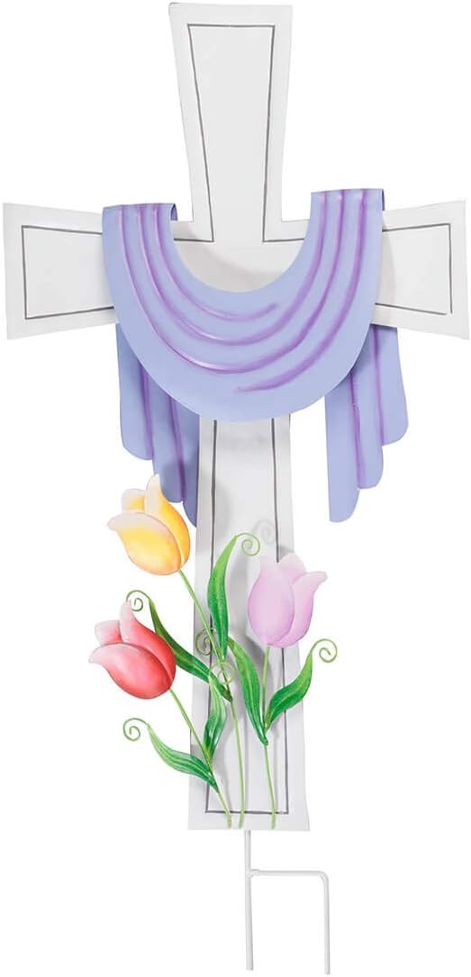 White Metal Easter Cross with Purple Scarf and Tulips