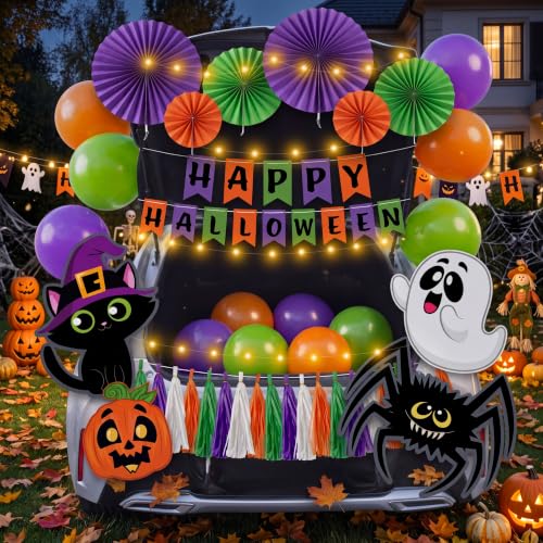 Image of JOYIN Halloween Trunk or Treat Car Decorations Kit with Happy Themed Design, Garage Archway Decor with Banner, Paper Fans, Balloons, Tassel and Pumpkin Stickers