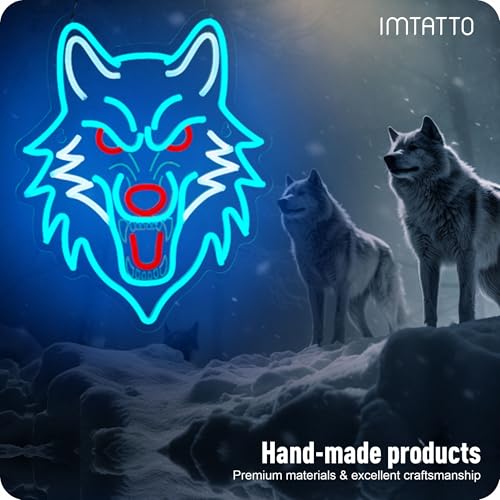 Image of Wolf Neon Sign Wolf LED Light USB Powered Dimmeable Animal Wall Decor Christmas Birthday Gifts for Boys Men Bedroom Living Room Man Cave Home Decoration (Blue Wolf)