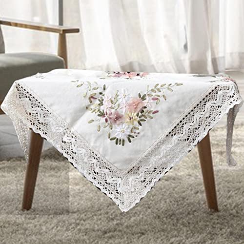 Image of Printed Stamped Cross Stitch Tablecloth Kit for Embroidery Farmhouse Floral Tablecloth Embroidery, White, 90x90cm