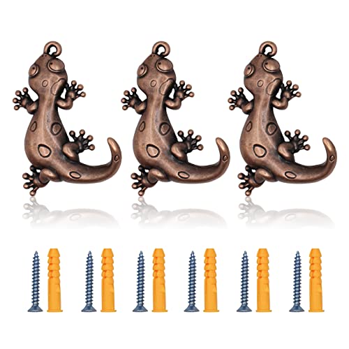 ALIWINER Red Copper Gecko Hooks Hanging Wall Mounted Hooks Set Decorative Hook Wall Hanger for Robe Set of 3