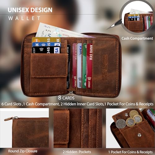 Mens Designer Full Zip Around Distressed Hunter Real Leather Billfold Wallet 720 Brown2