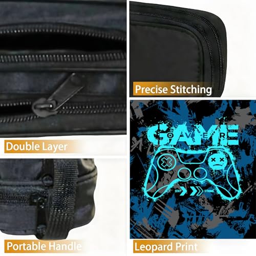Image of WOBAGMEN Double Layer Pencil Case with Handle Large Pencil Bag Cute Print Pencil Pouch for Boys Girls (Blue Game)