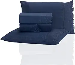 Jogo de Lençol Queen 3 Peças Percal 400 Fios Bordado Inglês - Tecido Acetinado, Macio e Confortável (Azul Marinho, Queen)