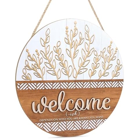 HPNIUB 3D Welcome Hanging Sign Plaque for Front Door Wall Decor, Funny Plant Leaf Welcome-ish Wooden Hanger (11.4''x 11.4''), Rustic Farmhouse Outdoor Wall Art for Porch Garden Decoration Cover