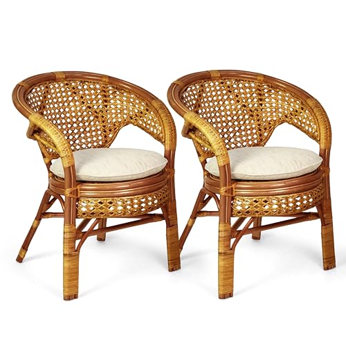 Set of 2 Pelangi Handmade Rattan Dining Wicker Chairs Colonial Color w/Cream Cushion