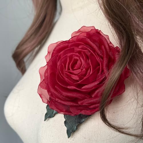 Image of Camellia Bees Handmade Deep Red Silk Rose Brooch 3.5 inch - Maroon Organza Flower Corsage Pin gift for Women, 12th Silk Anniversary Keepsake for Her (Deep Red)
