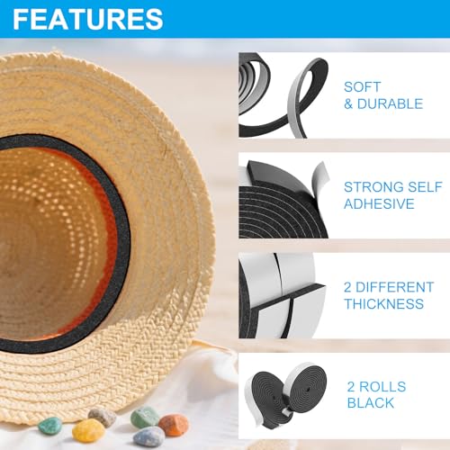 Image of 2 Pack Hat Size Reducer Tape Roll 80 inch, Hat Inserts to Make Fit Comfort, Fitted Sizer Reducer Insert for Loose Baseball Fedora Cowboy Western Panama & Straw Hats, Self Adhesive Foam Tape, Black