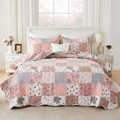 Qucover Tagesdecke 230x260 Rosa, Tagesdecke Patchwork Bunt aus Mikrofaser Bettüberwurf Doppelbett Set mit 2 Kissenbezüge Leichte Sofadecke bei...