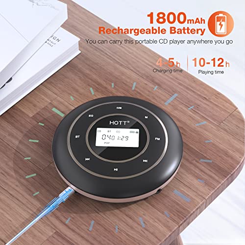 Hott C105 Portable Cd Player Bluetooth And Fm Transmitter Rechargeable Compact Cd Player With Touch Buttons Backlit Display Black #TOP4