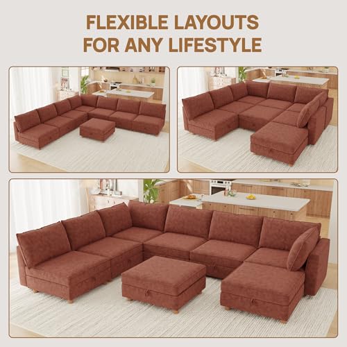Image of 128 inch Modular Sectional Sleeper Sofa Bed with Storage & Washable Covers, 8-Seater Chenille Modular Sofa Bed with Movable Ottoman Chaise, Convertible Sleeper Sectional Couches for Living Room, Orange