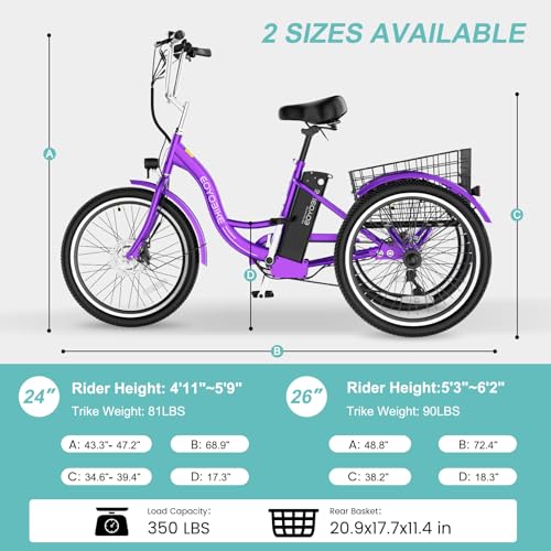 Electric Tricycle for Adults Seniors, 24/26 Inch 3 Wheel