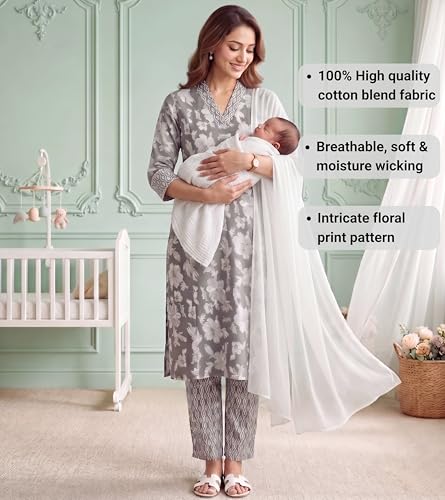 Image of DUMMY SHAPE Feeding Kurtis for Women Cotton Blend | Floral Kurta Pant Dupatta Set with Nursing Zippers to Pre & Post Partum | Maternity Dresses | Mom to Be Gifts for Pregnant Woman