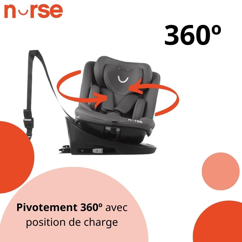 Nurse Spark Siège Auto Bébé iSize, 40 à 150 cm, 0 à 12 Ans, Isofix, Top Tether, Pivotant 360, Position de Charge, 13 Positions, Gris