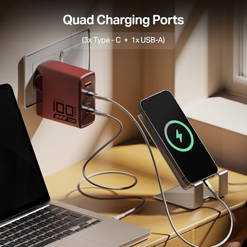 Image of Boat 100W GaN Charger: Fast Charging Adapter with 4 Ports (3 USB-C + 1 USB-A), PD Support, MacBook air M3 0-50% in 26 Mins, Compatible w /All iPhones, Android Phones, MacBooks, HP etc (Monarch Red)
