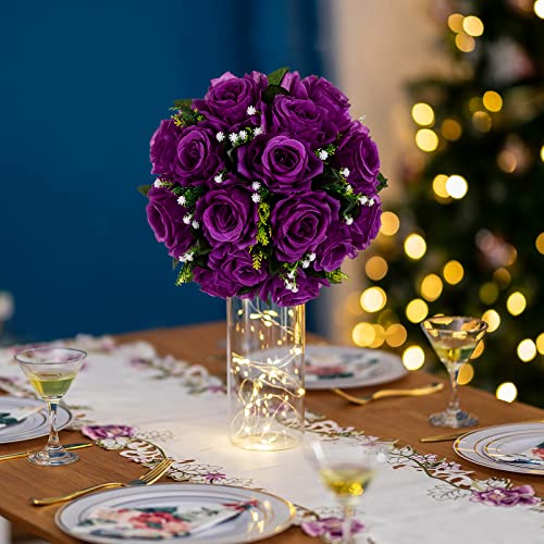 Blosmon Flower Balls Wedding Rose Centerpieces 4 Pcs Purple Fake Flowers With Base Kissing Balls Decor Artificial Floral Arrangements Flower Bouquet Of Roses Home Party Table Diy Decorations #TOP2