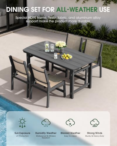 Image of HDPE Outdoor Patio Dining Set with Table & 4 Stackable Armless Textilene Chairs, All-Weather 5-Piece Patio Furniture Set with Umbrella Hole for Lawn & Garden, Poolside, Backyard | Grey