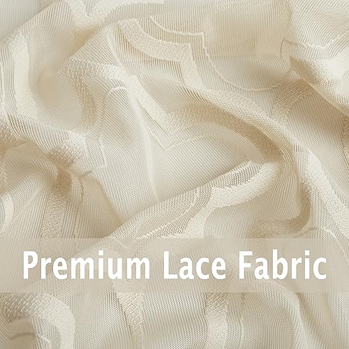 Purainbow MORD2-84LN Lace Sheer Curtains Beige For Bedroom Classic Geometric Rod Pocket Living Room Curtain Panels Knitted Moroccan Pattern Light Filtering Privacy Airy Semi Sheer Window Treatment Sets thumb #3