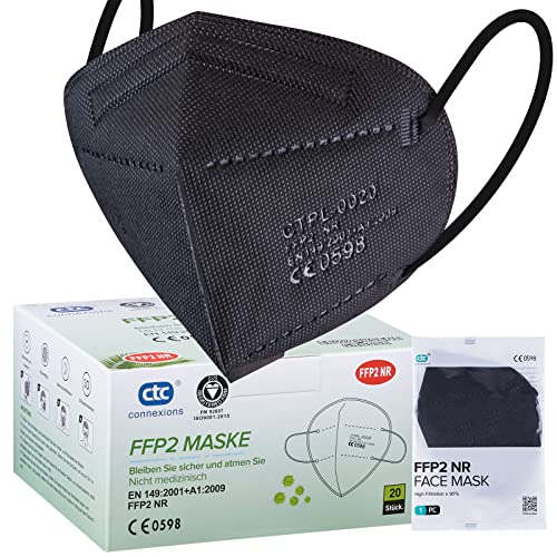 ctc connexions FFP2 Maske Schwarz 20 Stück 5 Lagen StaubmaskenCE0598 Zertifiziert,Hochfiltrierende Atemschutzmasken Hygienisch Einzelverpackt… Cover