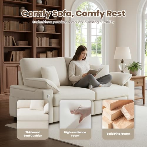Image of 89 inch Modern Sofas for Living Room, Comfy Sofa with Deep Seat Couch, USB /Type-C Port, Side Storage, Removable Cover, Couches for Living Room, Apartment, Beige