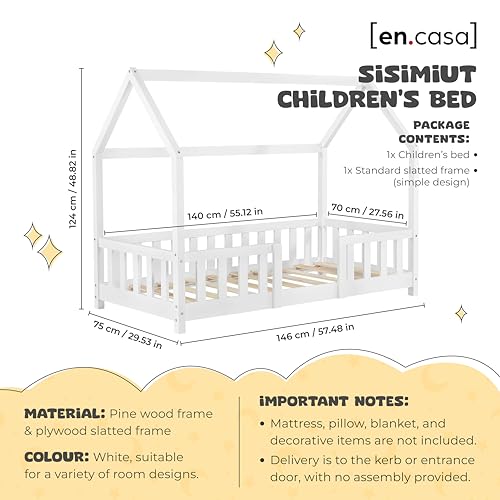 [en.casa] Children's bed Sisimiut House bed 70 x 140 cm with fall-out protection Slatted frame Pine White