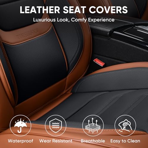 Image of TIEHESYT Leather Car Seat Covers Full Set with Lumbar Support, Waterproof Car Seat Cover, Universal Seat Covers for Cars, Trucks, SUVs, Sedans, Pickups, Airbag Compatible, Front Pair, Brown&Black