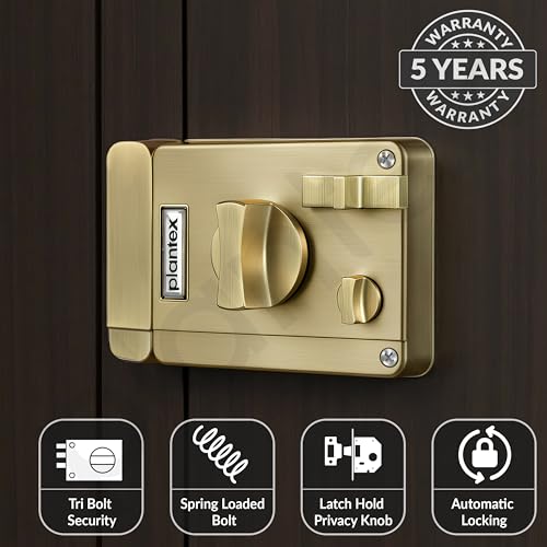 Image of Plantex Heavy Duty Rim Locks for Main Door /Door Lock for Main Door with 4 Keys /Suitable for Inside Opening Wooden Door - Pack of 1 (Brass Antique)