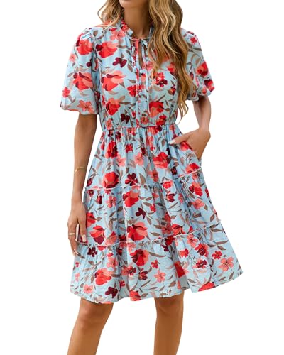 BTFBM Women Summer Floral Short Dresses V Neck Short Sleeve Tiered Ruffle...