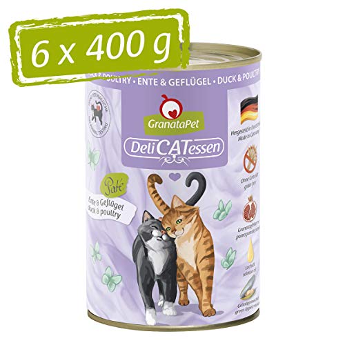 GranataPet DeliCatessen Ente & Geflügel, Nassfutter für Katzen, Katzenfutter für Feinschmecker, Futter ohne Getreide & ohne Zuckerzusätze, 6 x 400 g