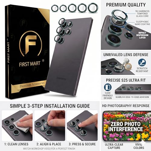 Image of FIRST MART Tempered Glass for Samsung Galaxy S25 Ultra 5G with Green Camera Ring Guard & Installation Kit | HD Clear Edge-to-Edge Screen Protector, Scratch Resistant, Case-Friendly | Pack of 1