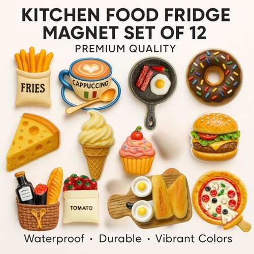 Image of Kitchen Food Fridge Magnet Set of 12 - Realistic & Colorful Decorative Magnets - Waterproof, Durable, Strong Hold - Perfect for Fridge, Whiteboard, Kitchen Decor, Office & Classroom