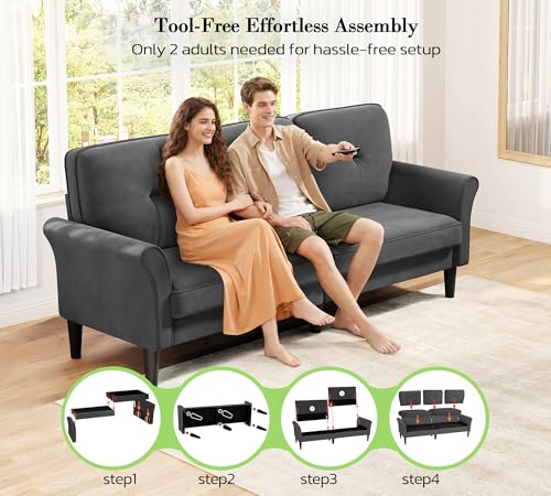 Image of Loveseat Sofa, 83 inch Love Seat Couches, Comfy Velvet Small Couch for Bedroom, Tool-Free Setup Small Couches for Living Room, Modern Sofas for Living Room, 750lbs Load Sofas & Couches, Grey Couch