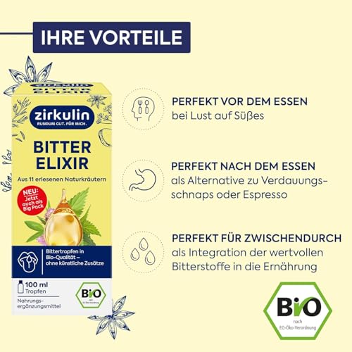 Zirkulin Bitter-Elixir – Bio Bittertropfen 100ml - Bitterstoffe aus 11 erlesenen Kräutern 4-8:1 Extrakt – Hildegard von Bingen – vegan, zuckerfrei – Reichweite 3600 Tropfen