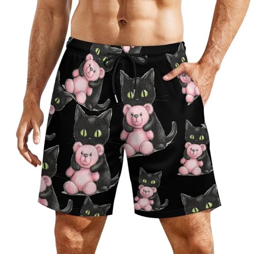 Black Cat Friend Teddy Bear Beach Shorts for Men Swim Trunks Quick Dry Swim Shorts with Compression Liner Pocket