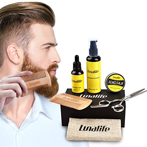 Beard Care Grooming Trimming Kit- Balm Butter Wax, Natural Beard Oil, Moustache Comb, Mustache Shampoo Washing, Goatee Comb, Barber Scissors Facial Hair Care Set Gift for Man