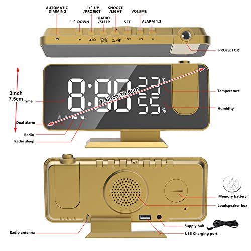 Projection Digital Alarm Clock For Bedrooms, Radio Alarm Clock On Ceiling, Usb Charger Port, Temperature & Humidity Display, 7.3” Large Mirror Led Display,12/24H,Snooze,Dual Loud Alarm Clock- 4 Dimmer #TOP5