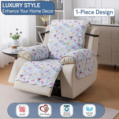 Image of HOKIPO Quilted Recliner Cover Mat for 1 Seater, Ivory Floral Butterfly
